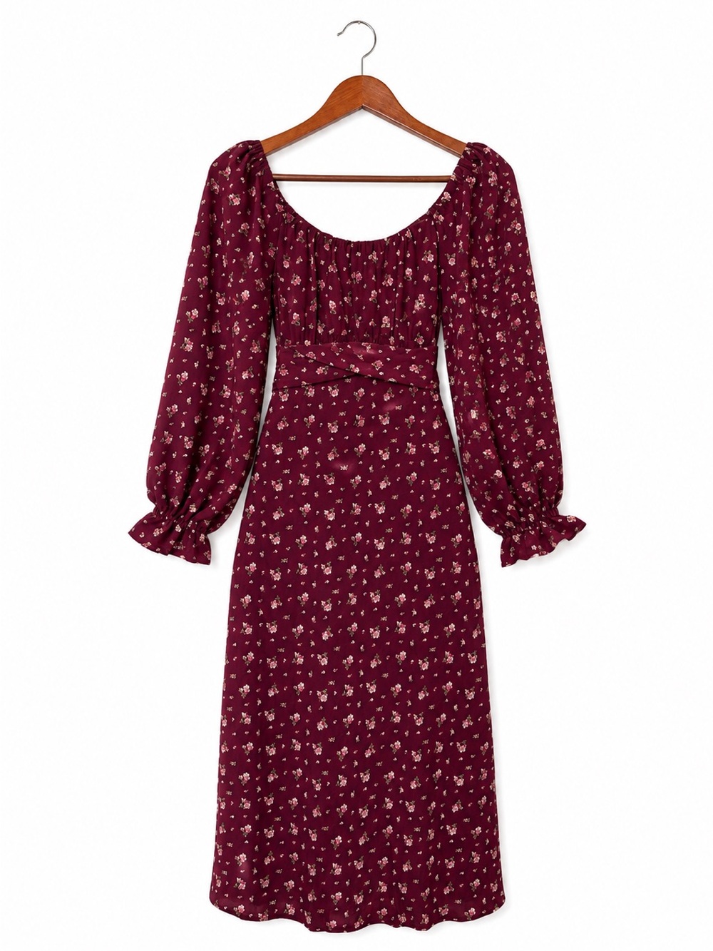 DownEast Burgundy Floral Long-Sleeve Midi Dress